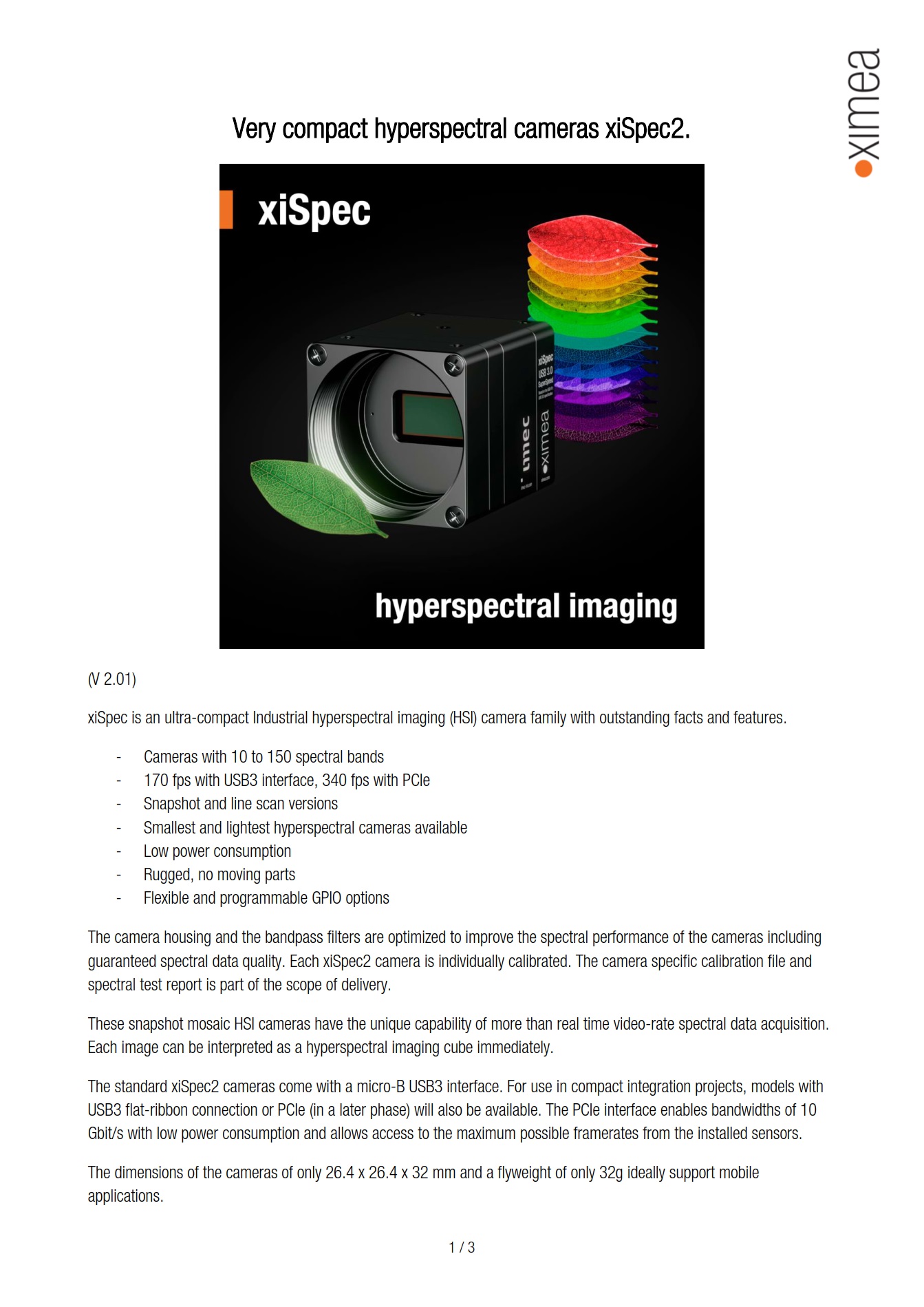 hyperspectral mini camera USB3 whitepaper industrial UAV HSI